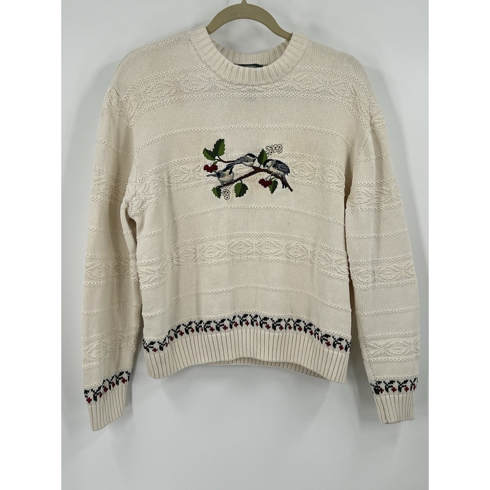 Vintage CABELA'S Cable Knit Embroidered Birds Grandma Sweater MEDIUM